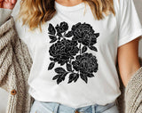 "Retro Linocut Black Peonies" design on a white unisex t-shirt