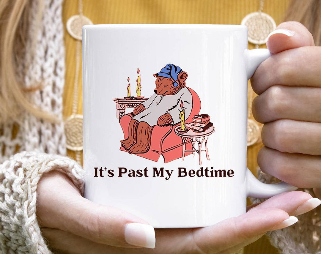"It's Past My Bedtime Bear" design on a white ceramic coffee mug