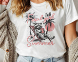 "Feral Girl Summer Raccoon Palm Tree" design on a white unisex t-shirt
