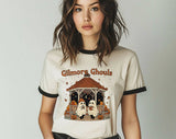 "Gilmore Ghouls" design on a natural ringer t-shirt with black contrast trim
