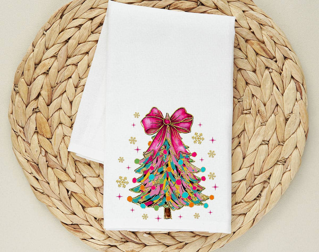 "Coquette Christmas Tree Pink Bow" design on a white 28 x 28 inch flour sack tea towel