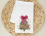 Coquette Christmas Tree Pink Bow Tea Towel, Flour Sack Kitchen Dish Towel