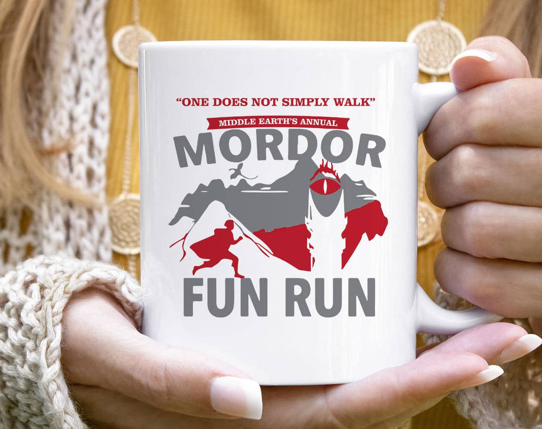 "Mordor Fun Run" design on a white ceramic coffee mug