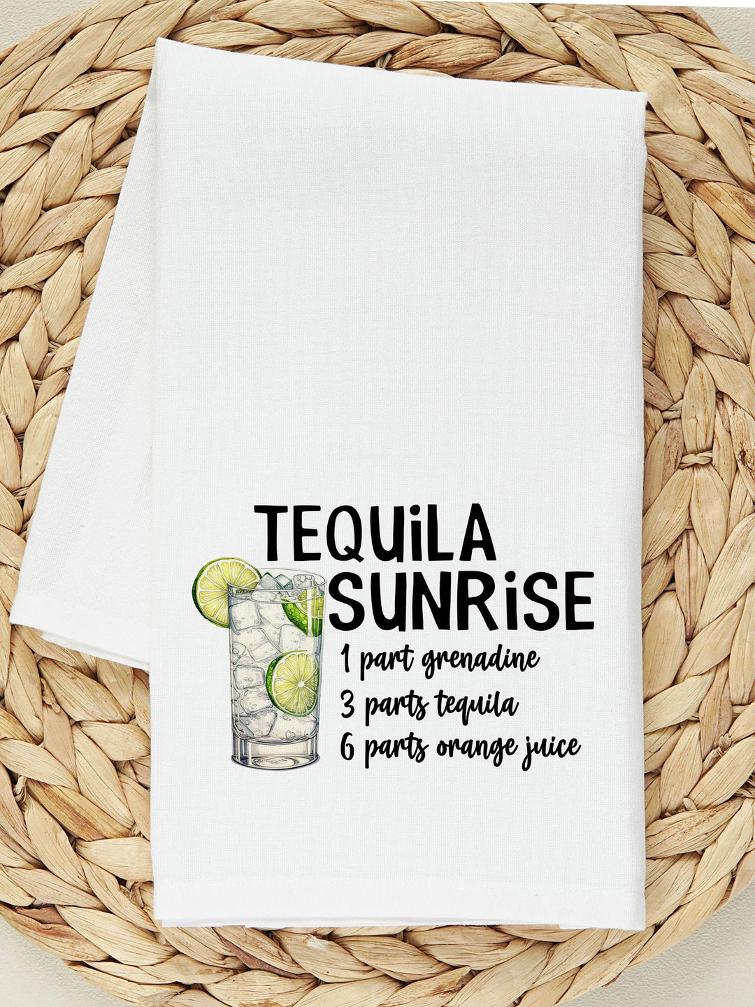 "Tequila Sunrise Cocktail Recipe" design on a white 28 x 28 inch flour sack tea towel