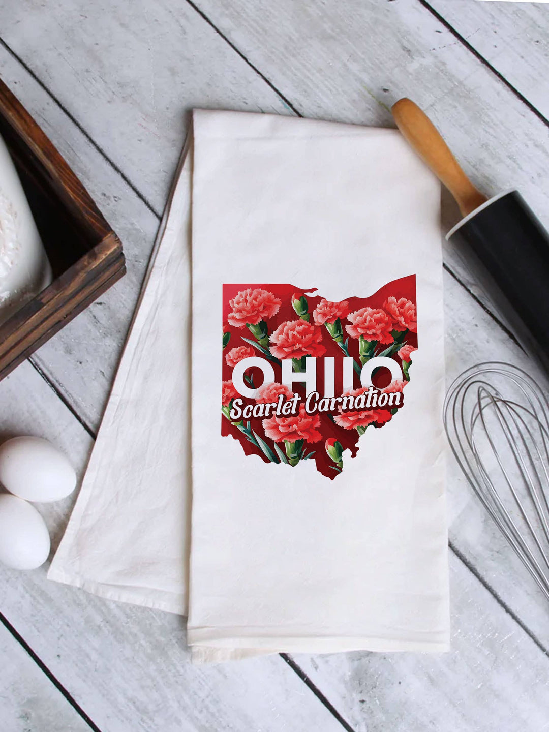 "Ohio State Flower Scarlet Carnation" design on a white 28 x 28 inch flour sack tea towel