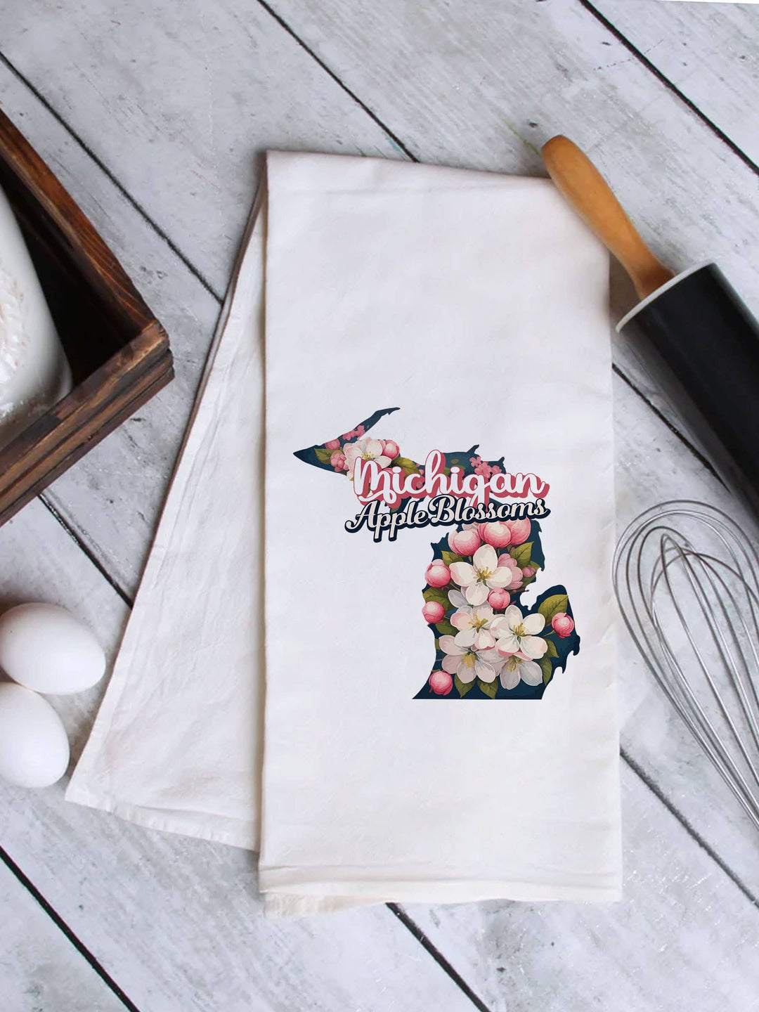 "Michigan State Flower Apple Blossom" design on a white 28 x 28 inch flour sack tea towel