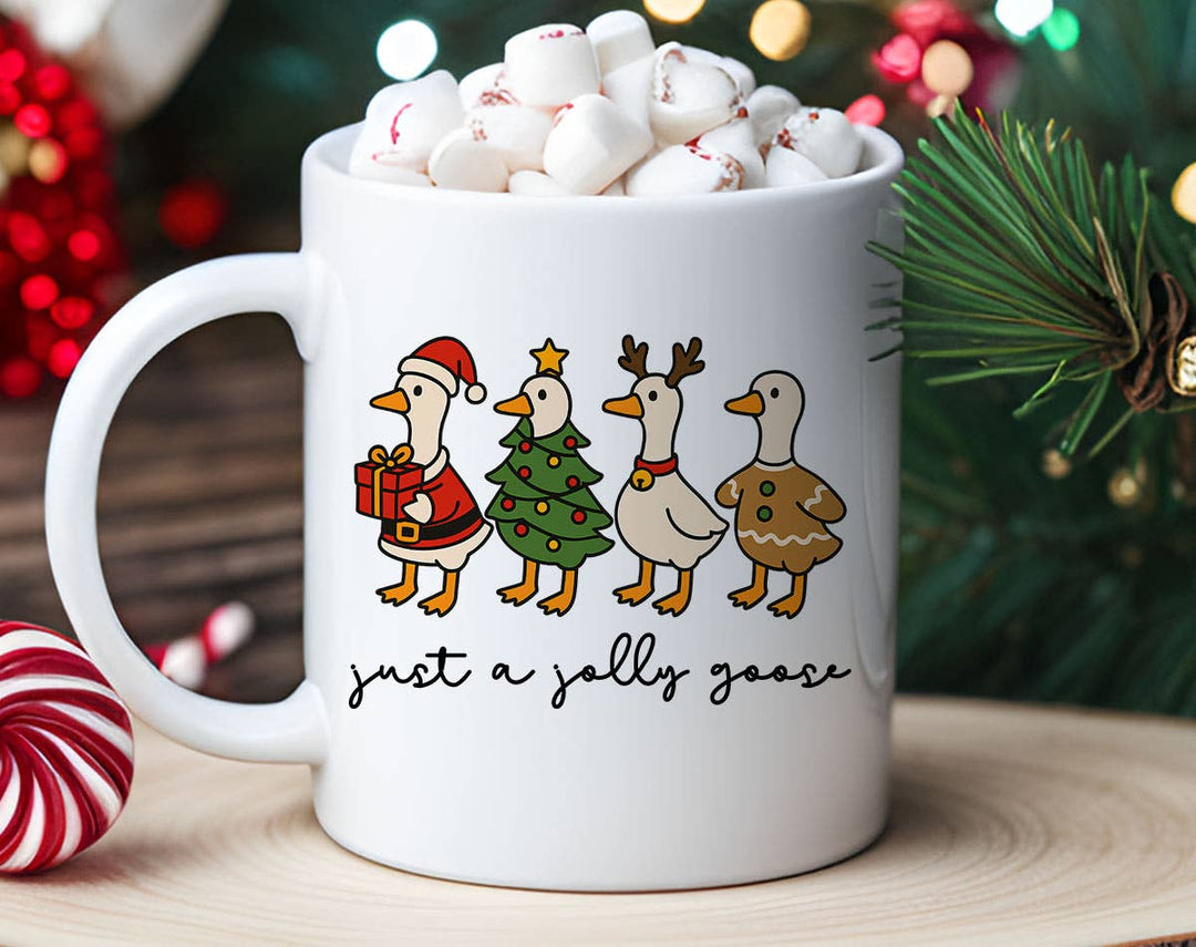 "Just A Jolly Goose Christmas Tis The Season" Christmas design on a white coffee mug