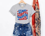 "Stars Stripes Reproductive Rights" design on a heather gray unisex t-shirt