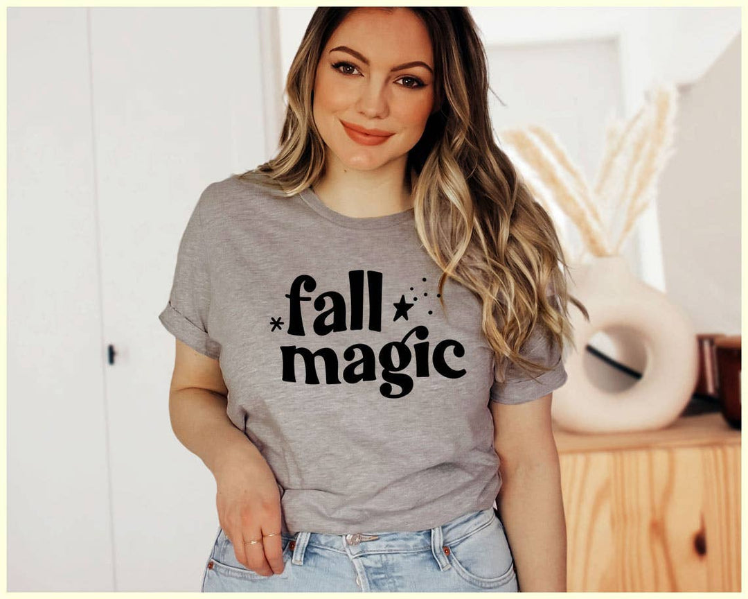 "Fall Magic Pumpkin" design on a heather gray unisex t-shirt