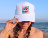 Retro Smiley Face 4th of July Trucker Hat, Snapback Mesh Cap