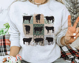"Cow Boho Retro" design on an ash gray unisex crewneck sweatshirt