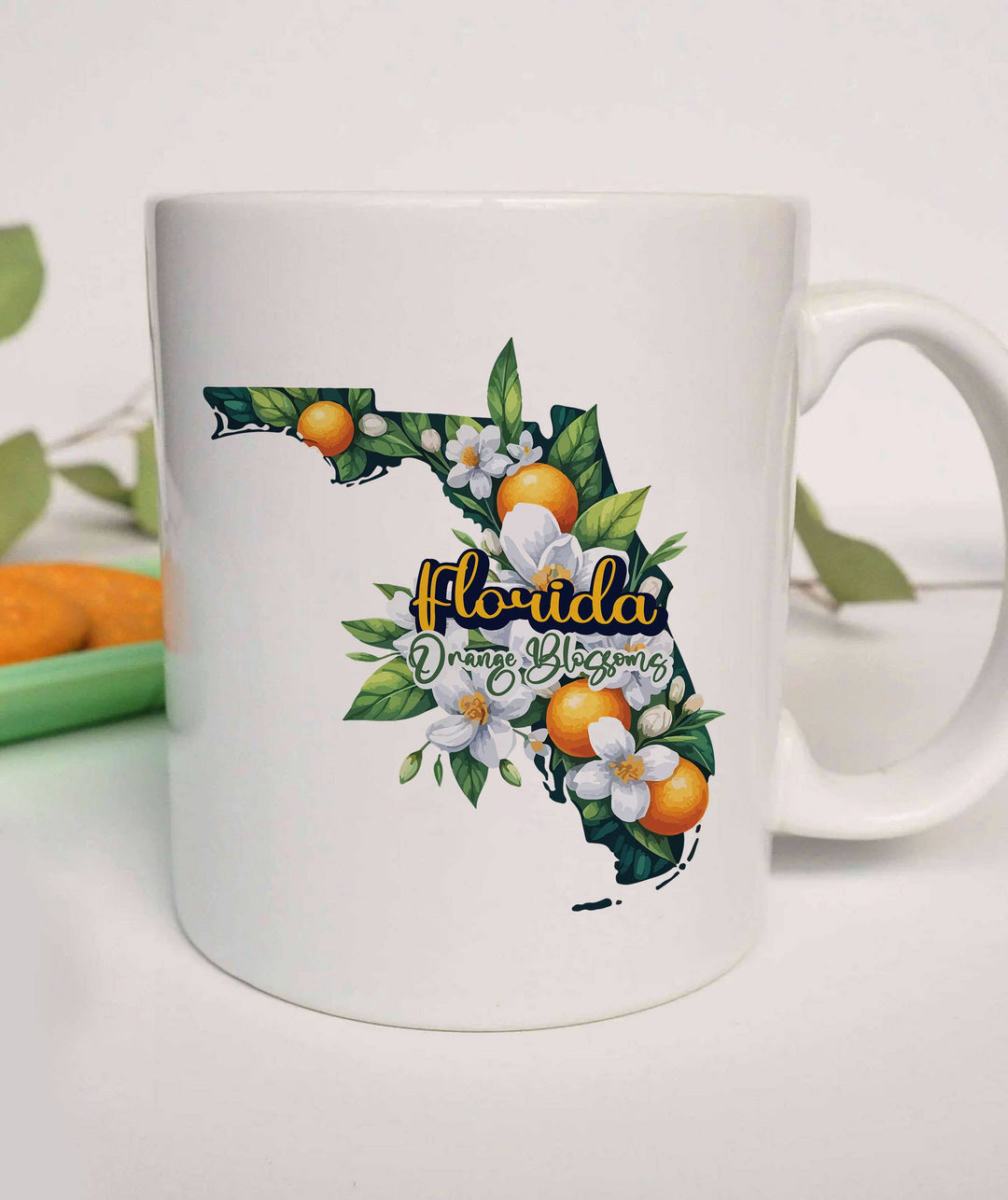 "Florida State Flower Orange Blossom" design on a white ceramic coffee mug