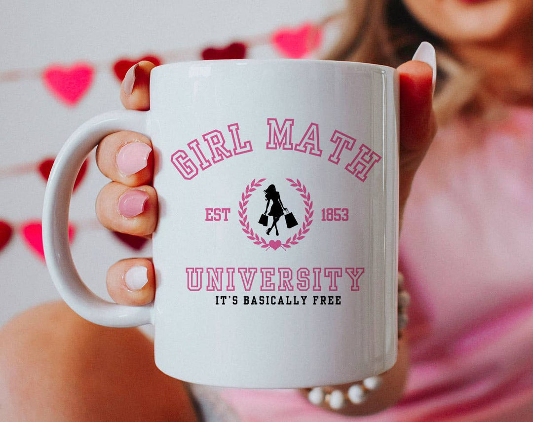 "Girl Math University" design on a white ceramic coffee mug