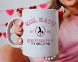 "Girl Math University" design on a white ceramic coffee mug