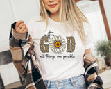 "God Sunflower" design on a white unisex t-shirt