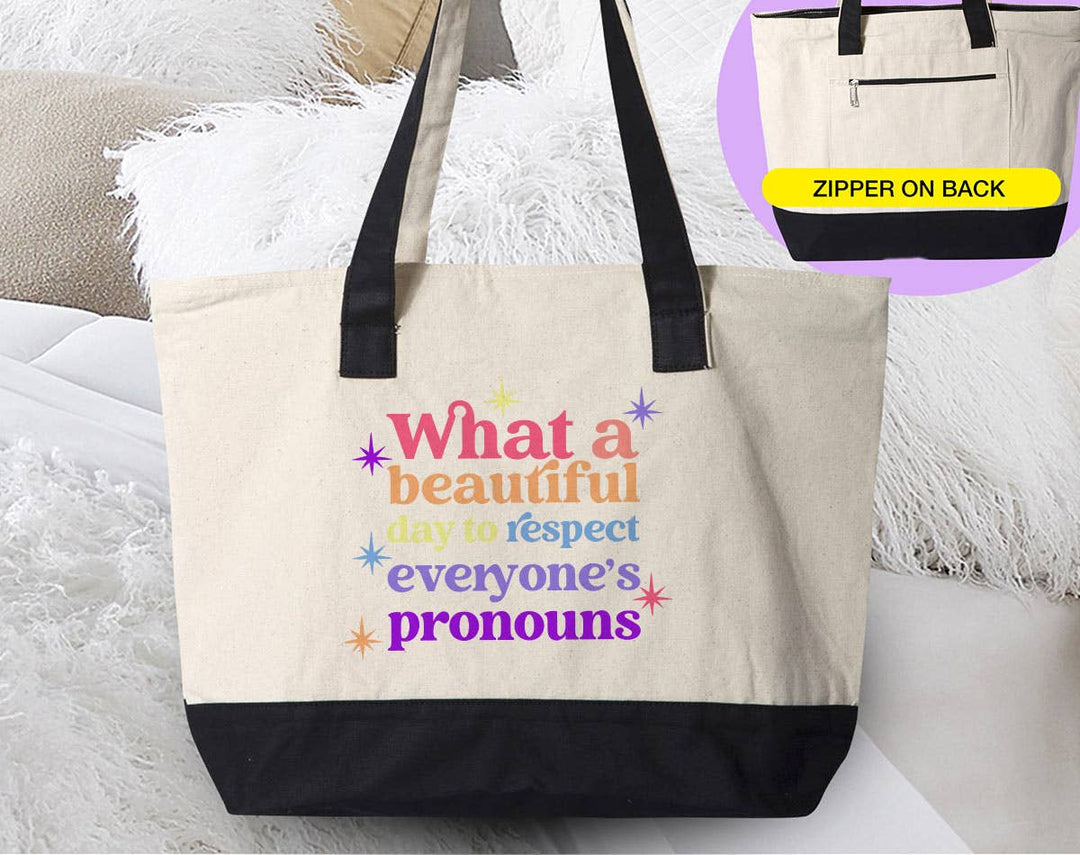"Respect Pronouns" design on a natural canvas zippered tote bag