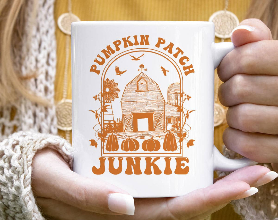 "Pumpkin Patch Junkie" Halloween design on a white coffee mug
