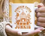 "Pumpkin Patch Junkie" Halloween design on a white coffee mug