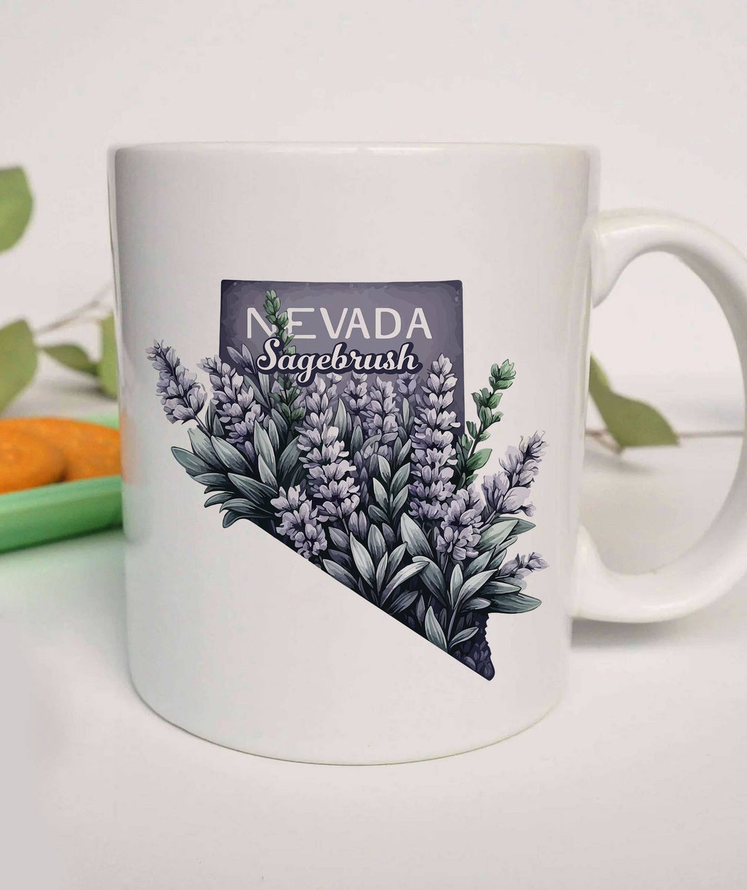 "Nevada State Flower Sagebrush" design on a white ceramic coffee mug