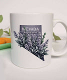 "Nevada State Flower Sagebrush" design on a white ceramic coffee mug