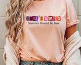 "Carl's A Mess Summer House" design on a peach unisex t-shirt