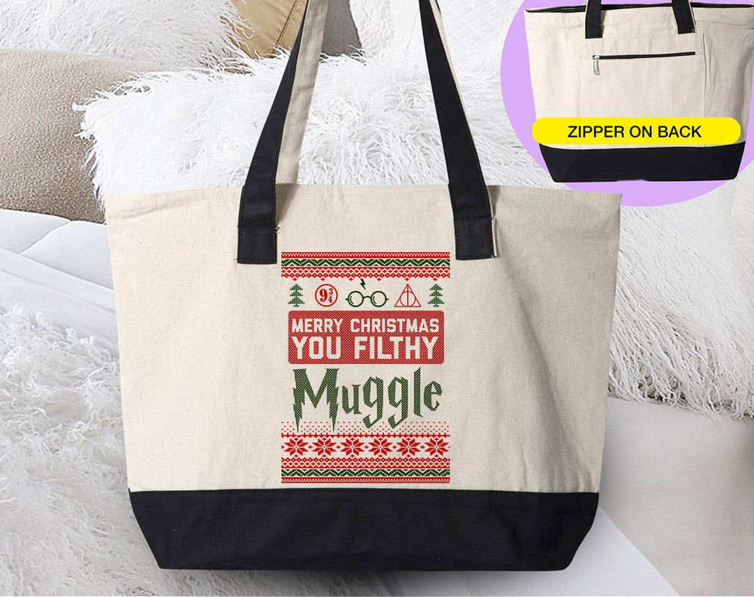"Filthy Muggle Potter" design on a natural canvas zippered tote bag