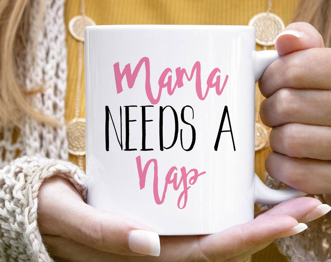 "Mama Needs A Nap" design on a white ceramic coffee mug