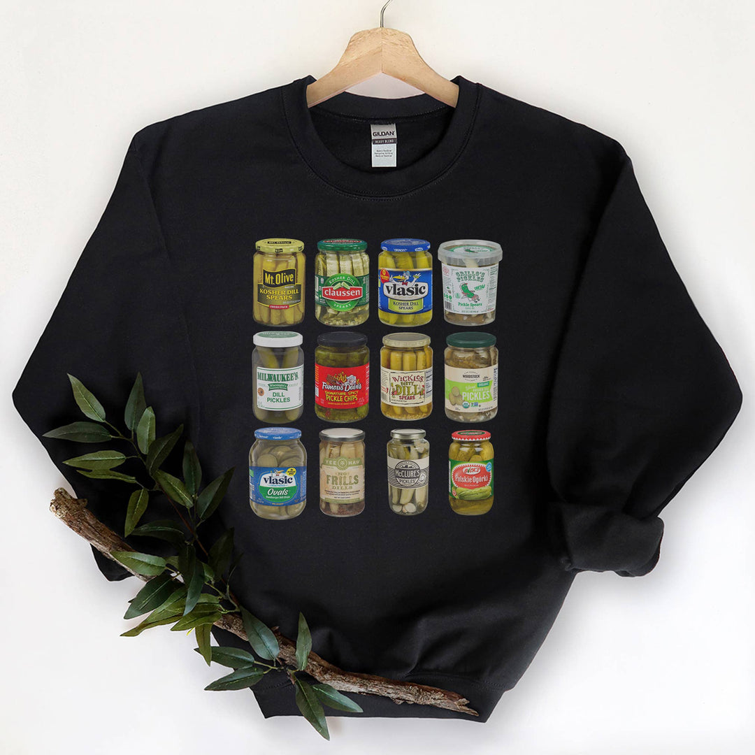 "Pickle Jar Brands" design, alternate view, on an ash gray unisex crewneck sweatshirt