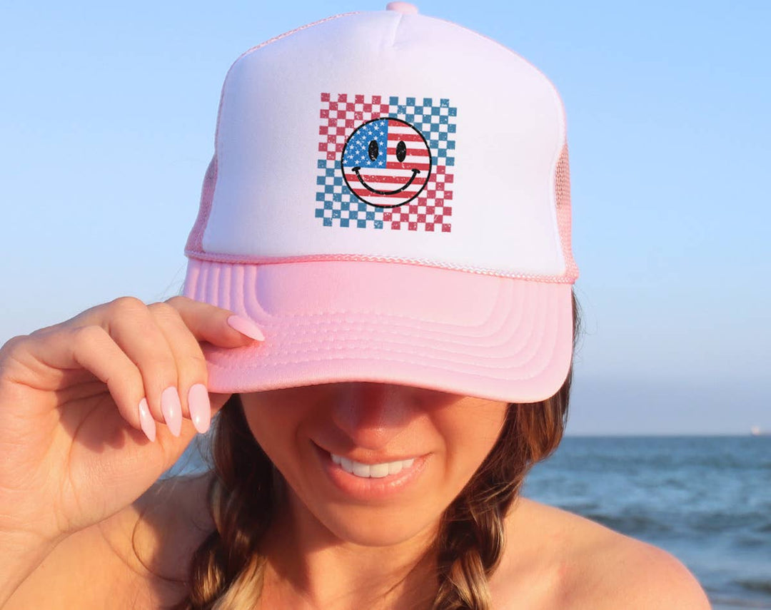 "Retro Smiley Face" design on a mesh-back snapback trucker hat