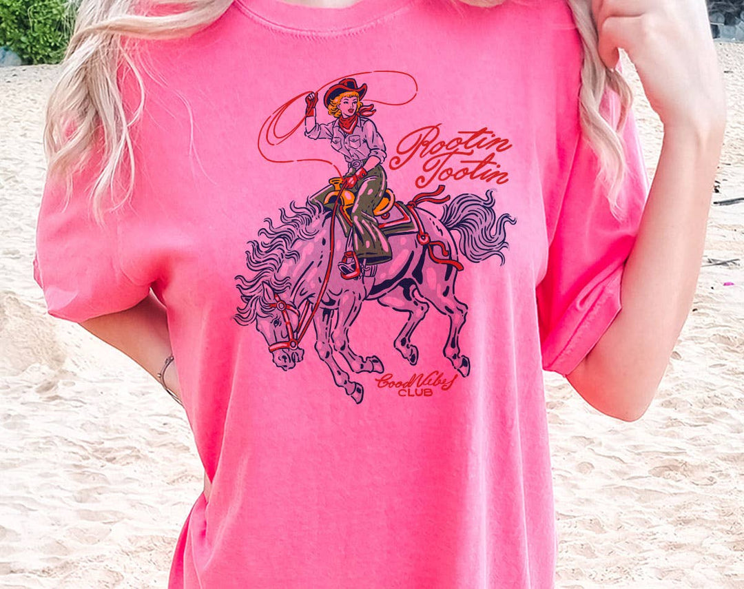 "Rootin' Tootin' Cowgirl" design on a pink watermelon Comfort Colors t-shirt
