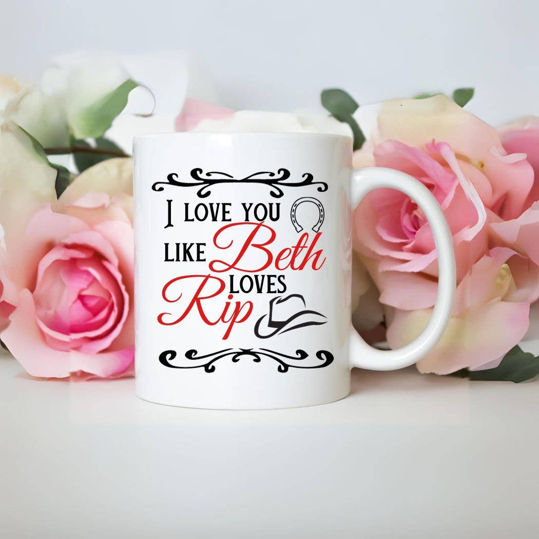 "Beth & Rip" design on a white ceramic coffee mug