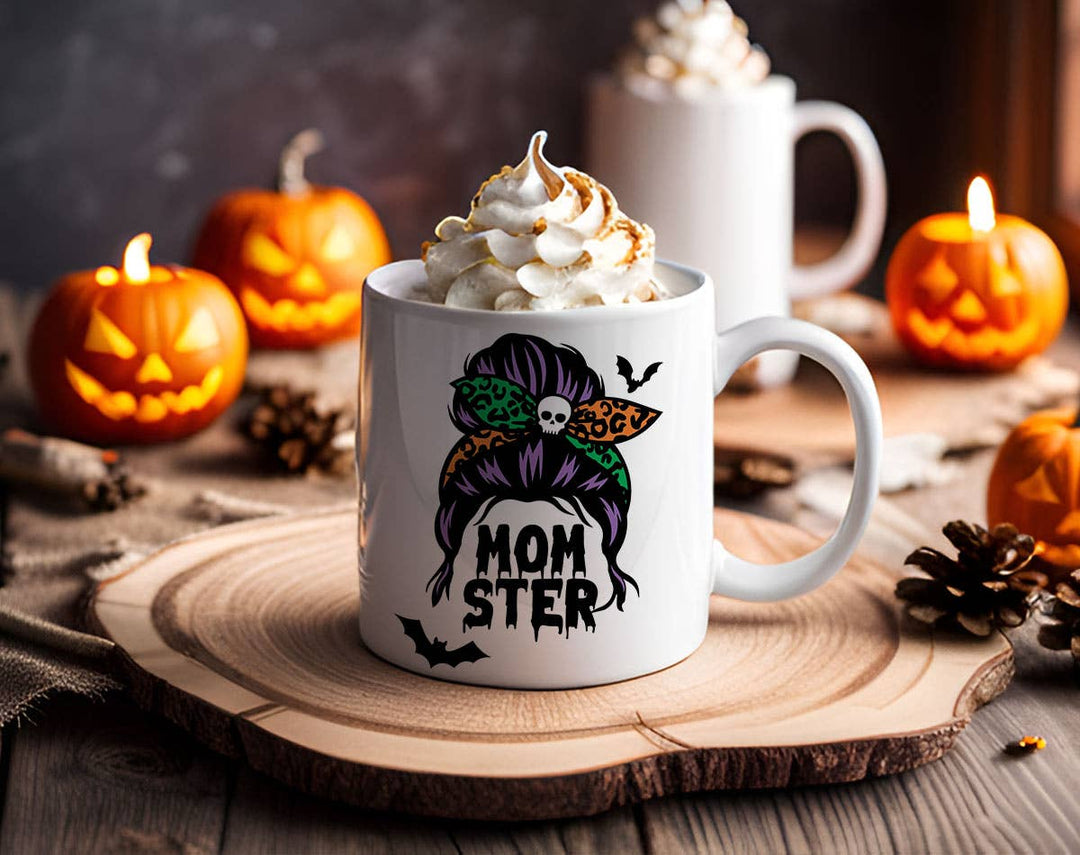 "Momster" Halloween design on a white coffee mug