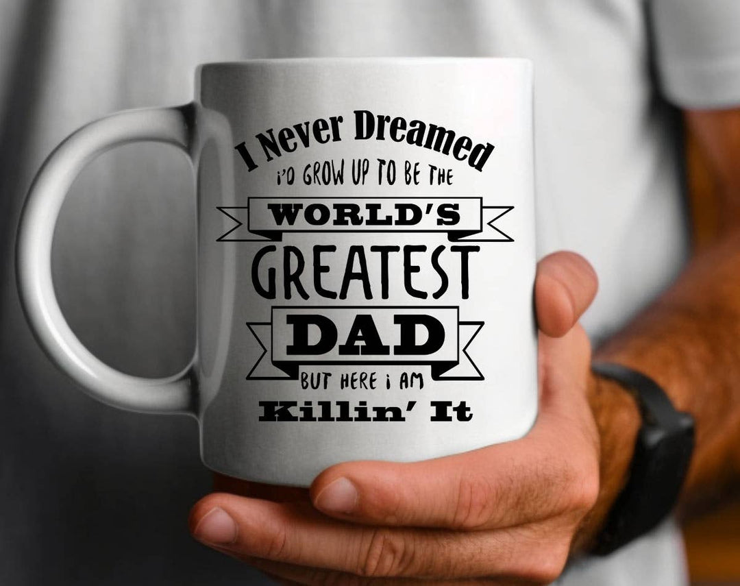 "World's Greatest Dad" design on a white ceramic coffee mug