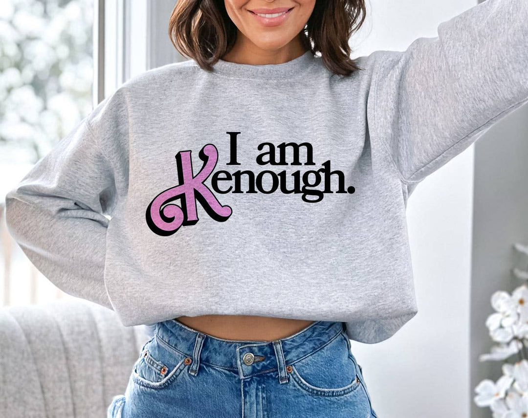 "I Am Kenough" design on an ash gray unisex crewneck sweatshirt