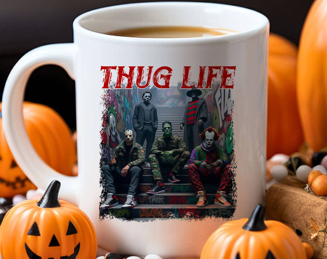 "Thug Life Horror Movie Icons" Halloween design on a white coffee mug