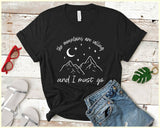 "The Mountains Are Calling" design on a black unisex t-shirt