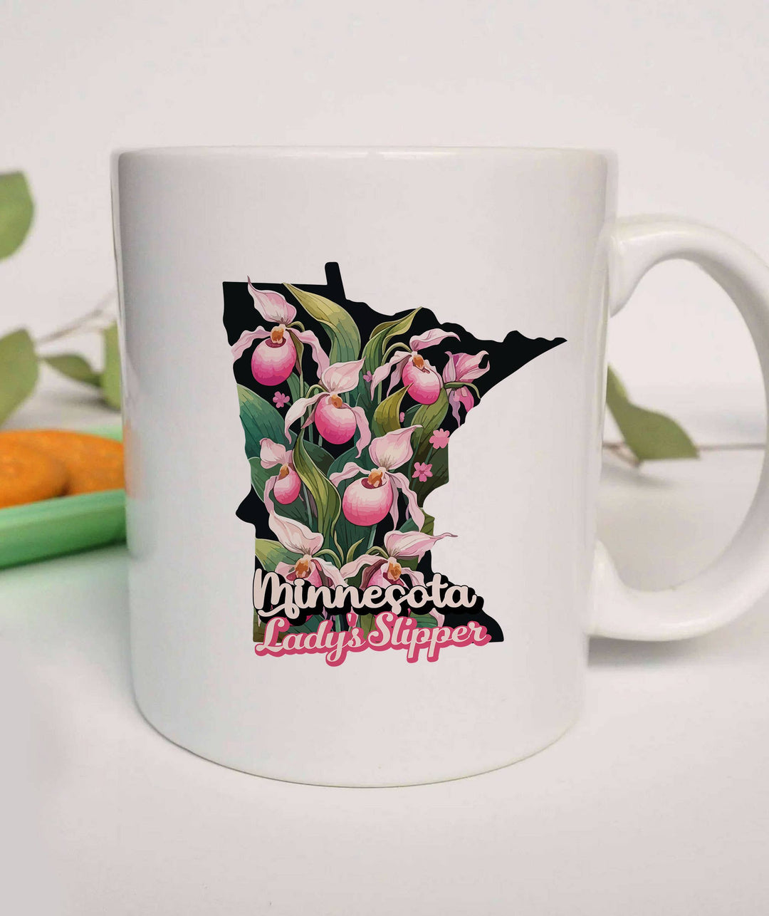 "Minnesota State Flower Lady's Slipper" design on a white ceramic coffee mug