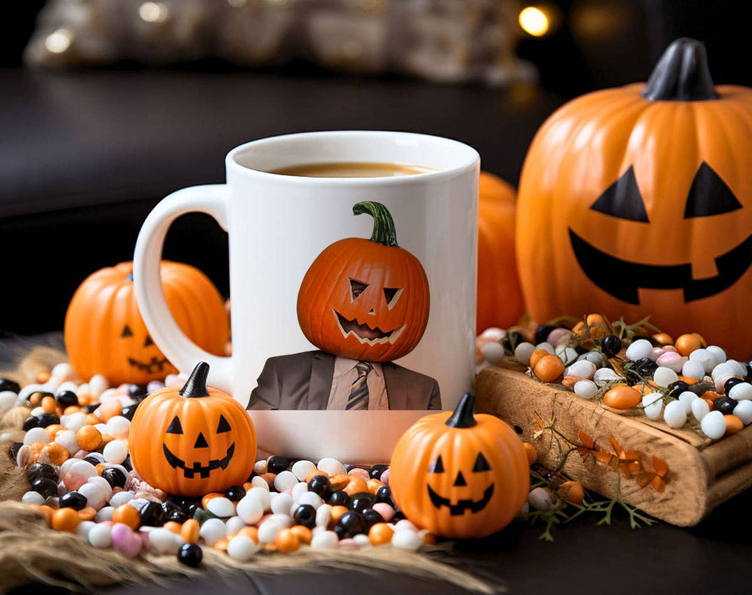 "Dwight Pumpkin Head" Halloween design on a white coffee mug
