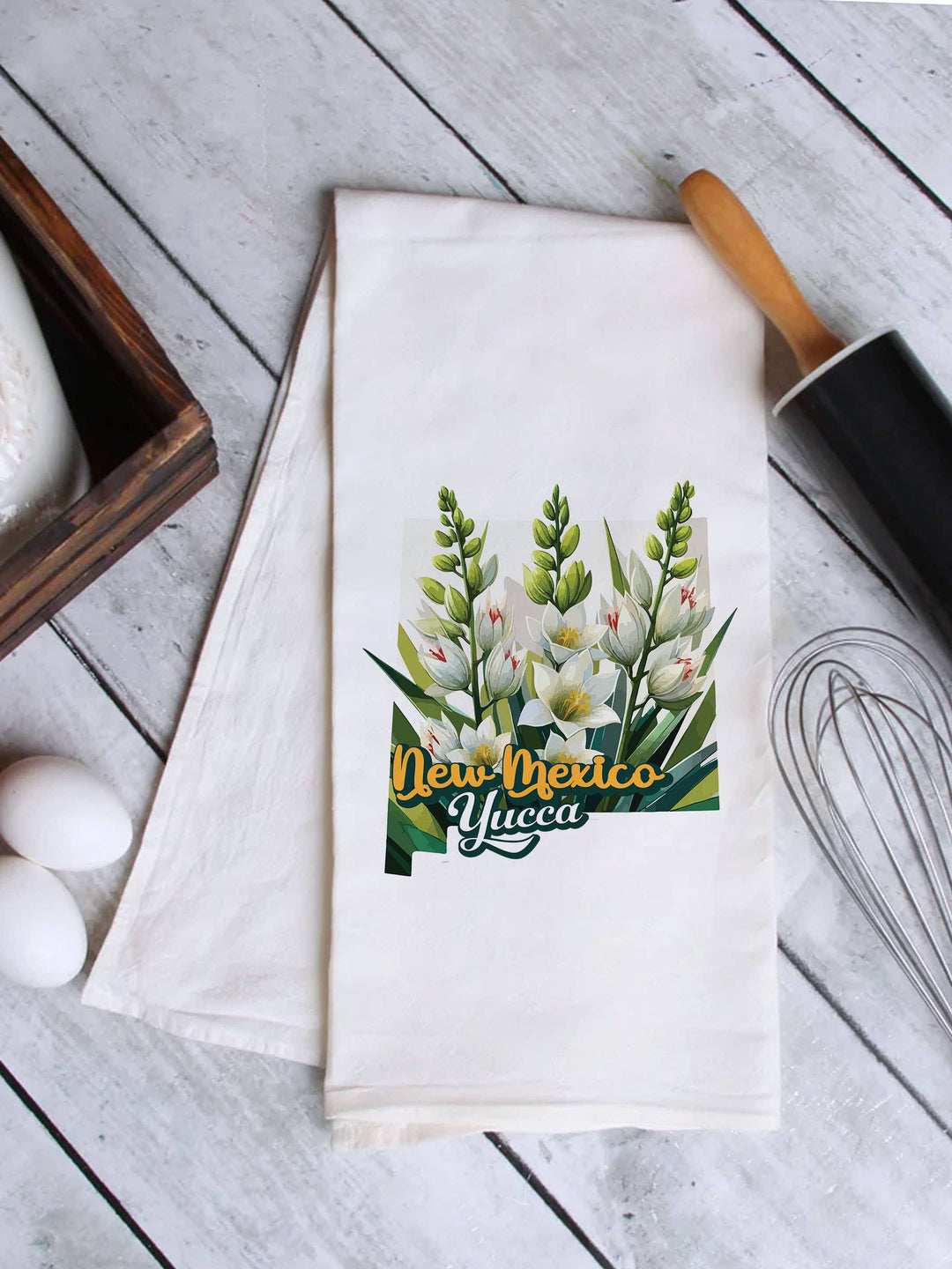 "New Mexico State Flower Yucca" design on a white 28 x 28 inch flour sack tea towel