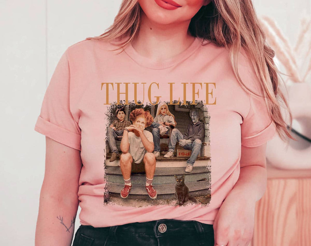 "Thug Life Hocus Pocus" design on a peach unisex t-shirt