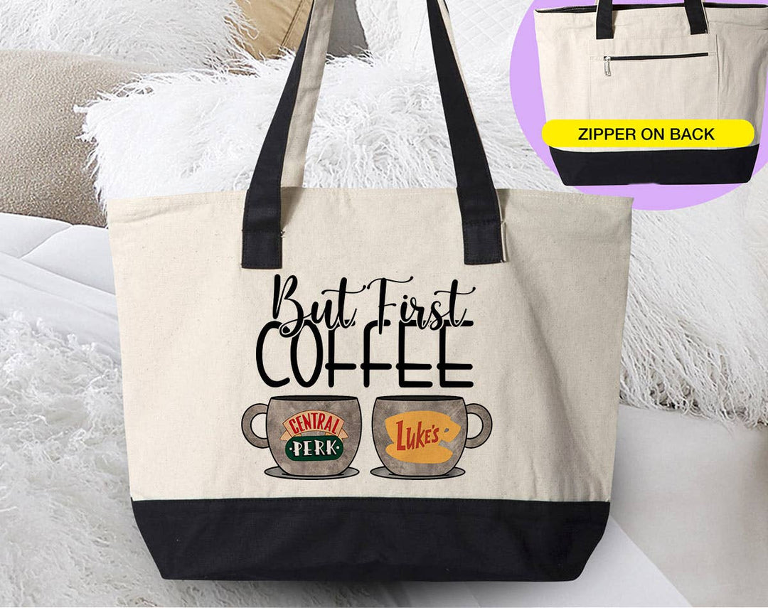 "But First Coffee" design on a natural canvas zippered tote bag