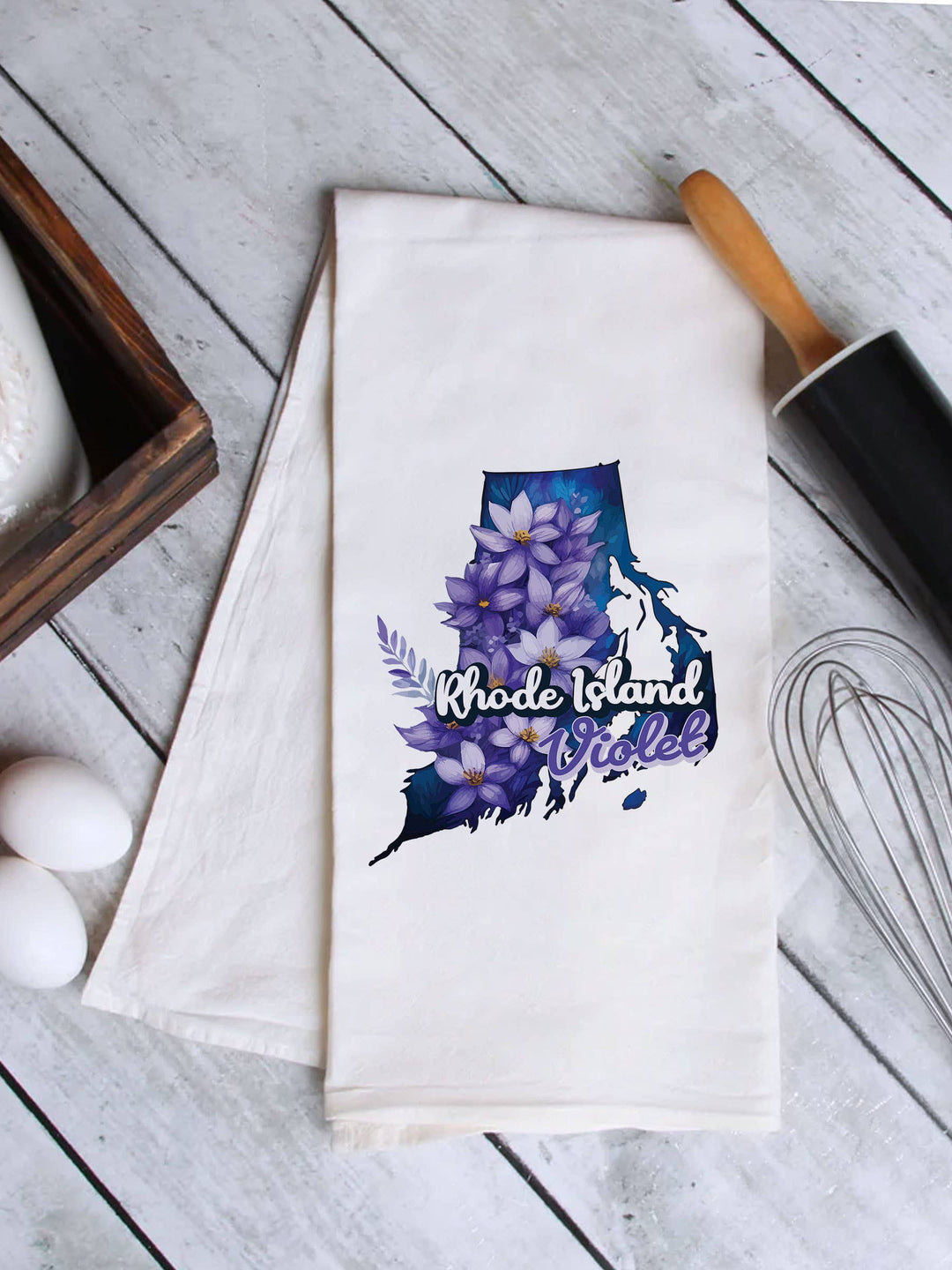 "Rhode Island State Flower Violet" design on a white 28 x 28 inch flour sack tea towel