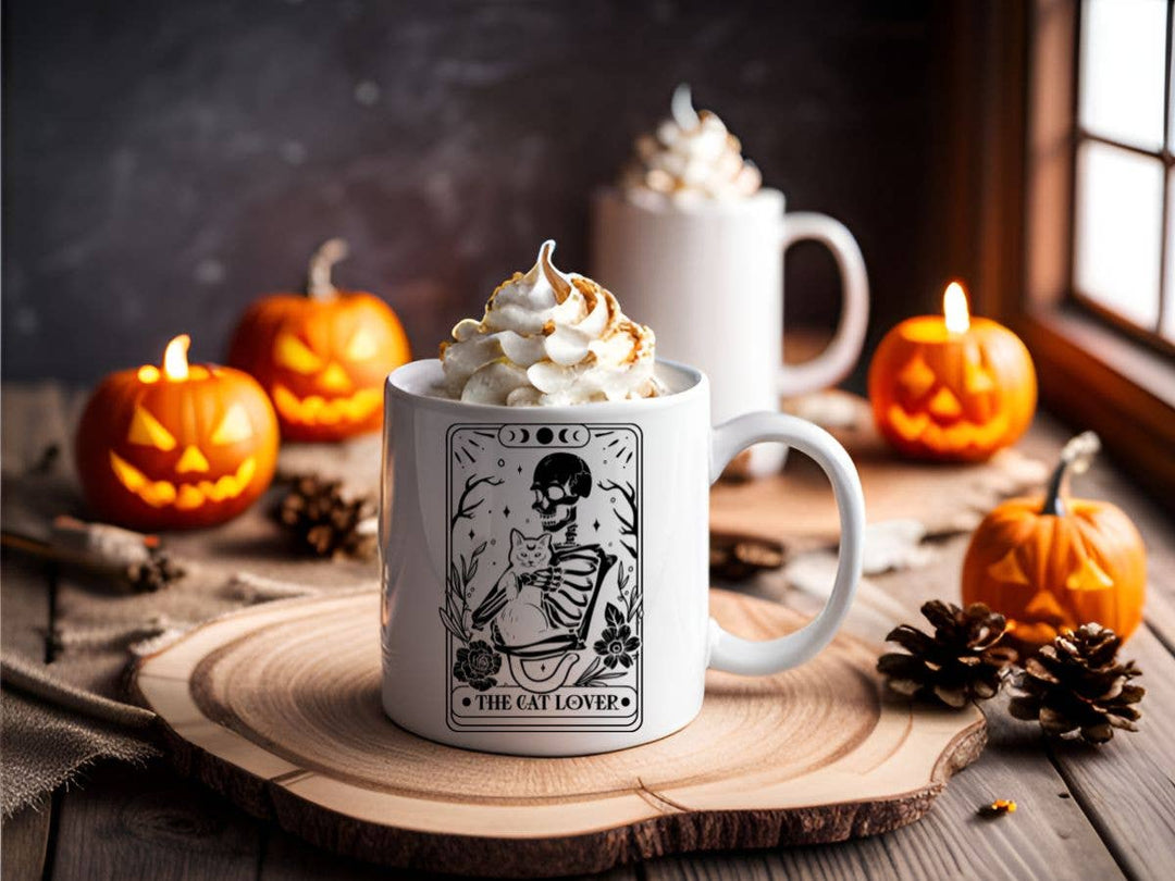"The Cat Lover Tarot Card" design on a white ceramic coffee mug