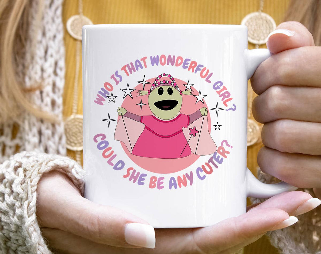 "Who Is That Wonderful Girl" design on a white ceramic coffee mug