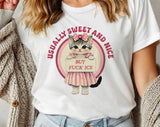 "Usually Sweet & Nice But F*ck ICE Cat" design on a white unisex t-shirt