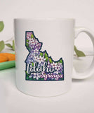 "Idaho State Flower Syringa" design on a white ceramic coffee mug