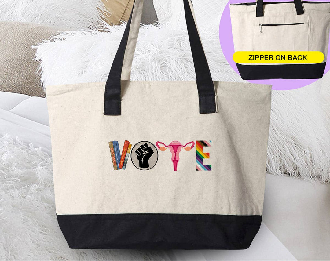 "Vote" design on a natural canvas zippered tote bag