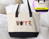 "Vote" design on a natural canvas zippered tote bag