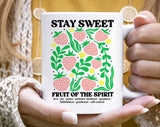 "Stay Sweet Strawberries" design on a white ceramic coffee mug