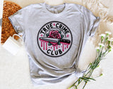 "True Crime Club Rose" design on a heather gray unisex t-shirt